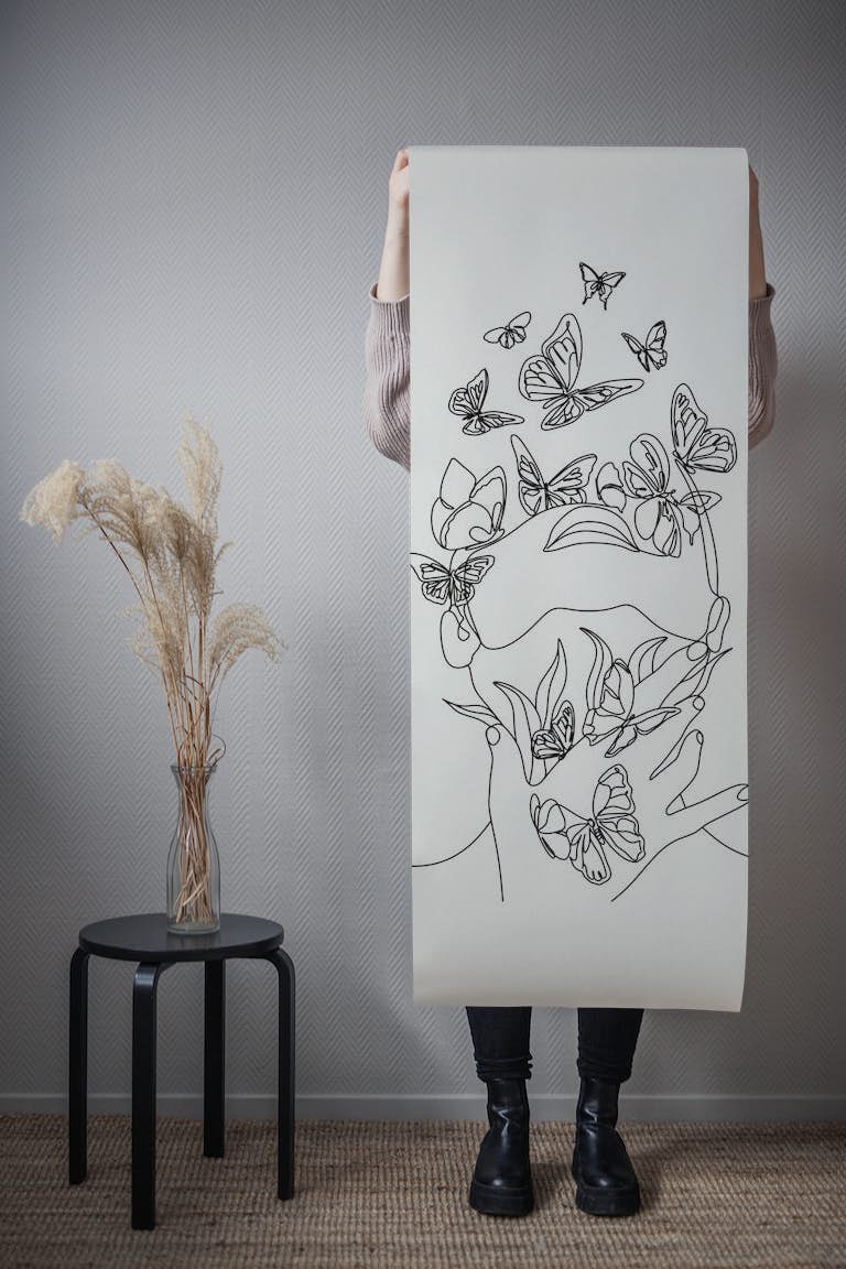 Line Art Woman Butterflies papel pintado roll