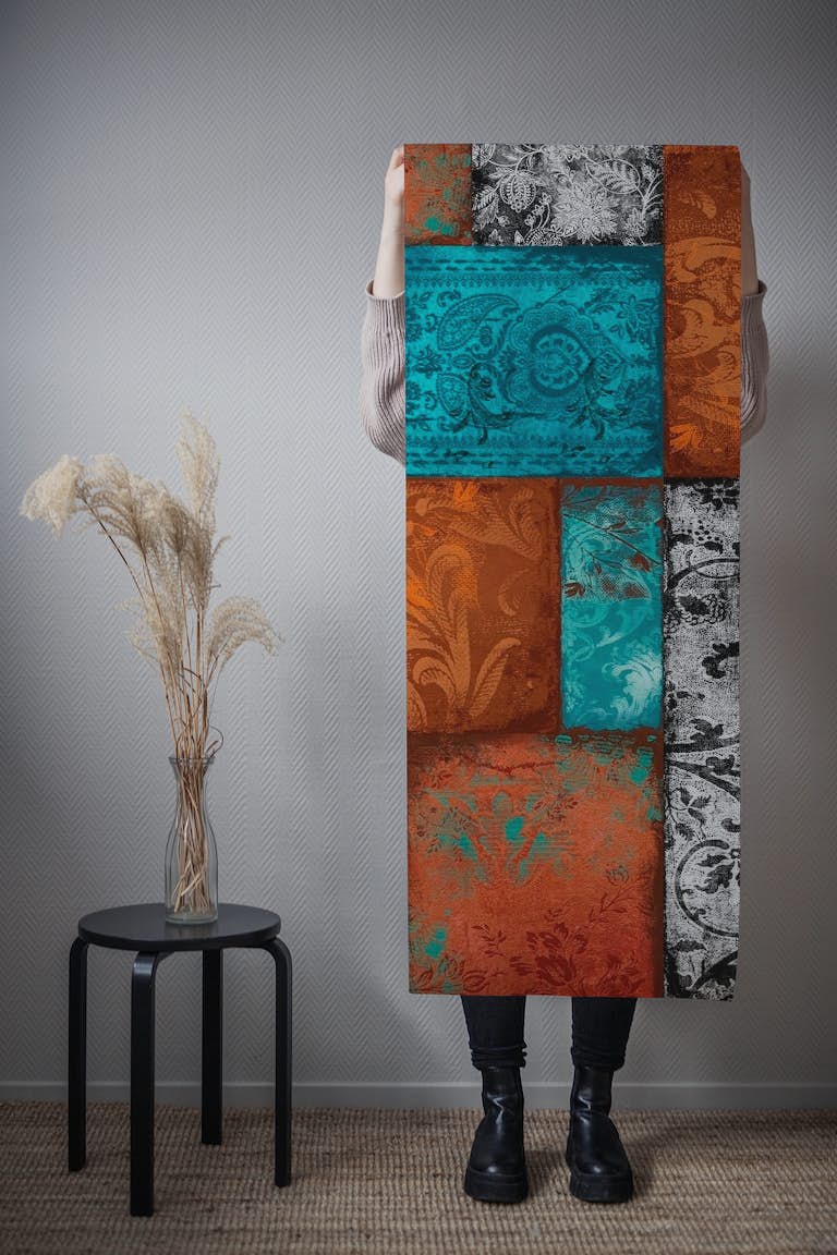 Bohemian Patchwork teal orange tapety roll
