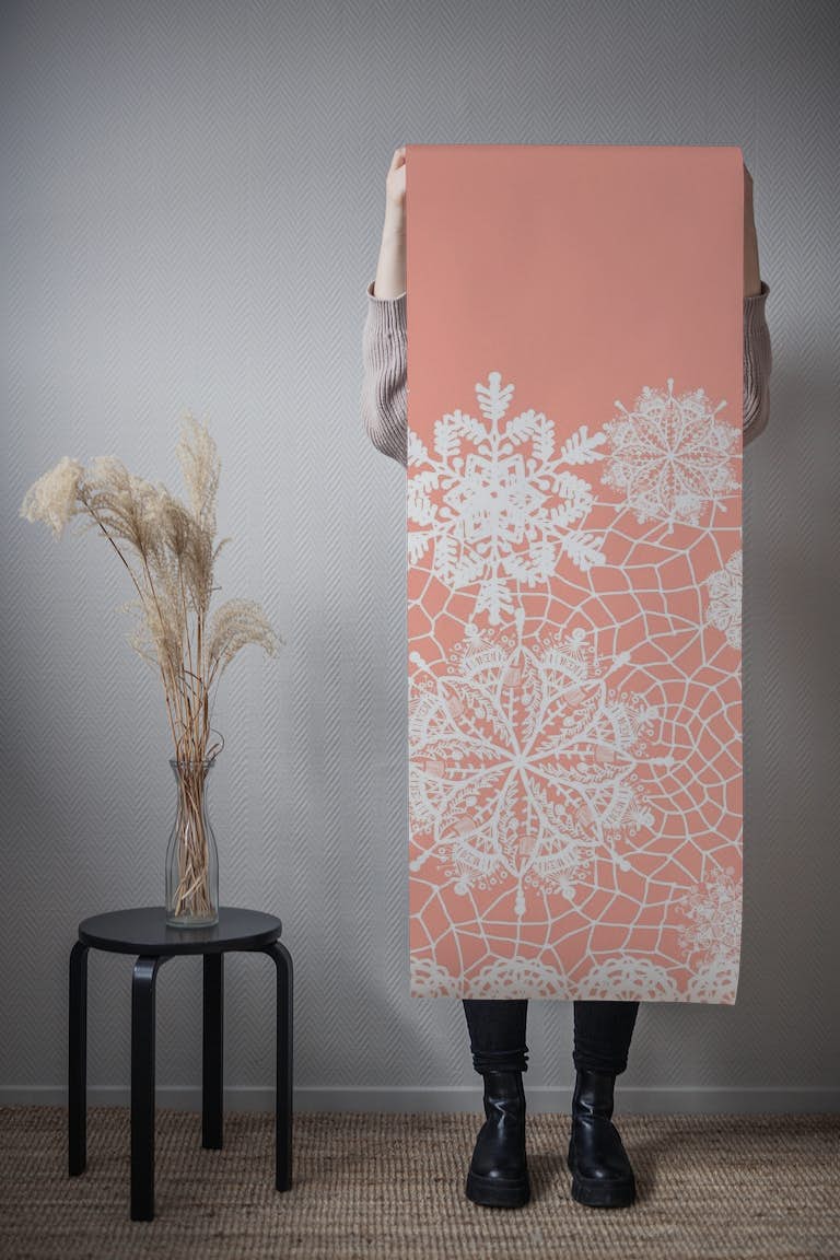 Coral Pink White Lace behang roll