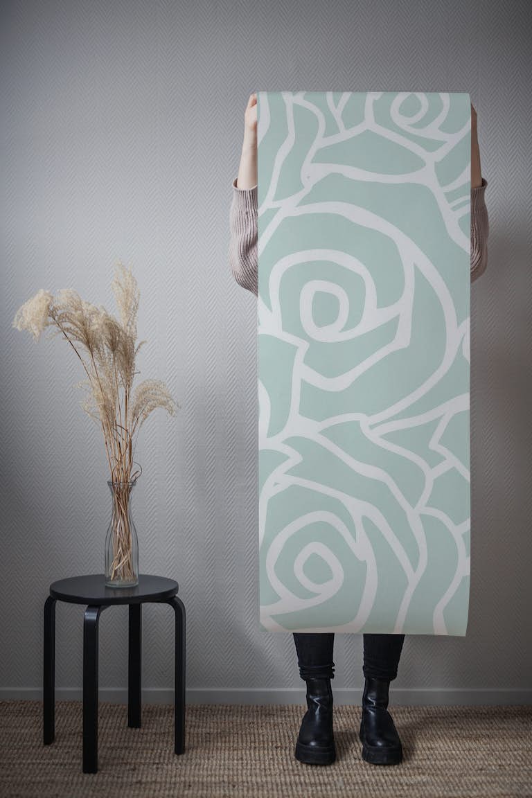 Mint Green White Rose Pattern ταπετσαρία roll