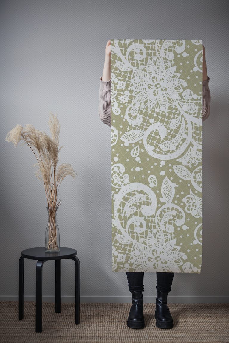 Boho pastel green olive lace ταπετσαρία roll