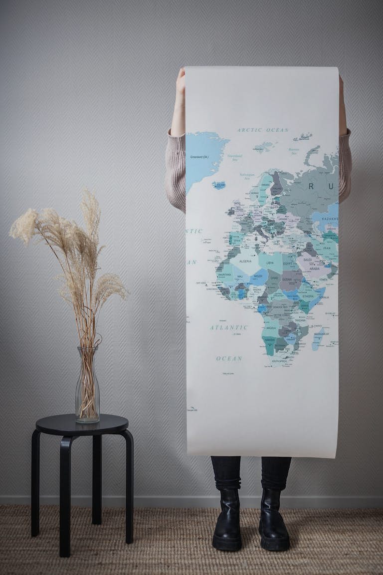 World Map in Teal and Blue papel pintado roll