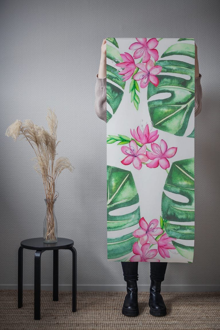 Tropical Flowers And Monstera papiers peint roll