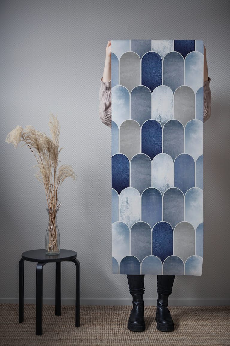Tiled Wall in Blue and Grey papel pintado roll