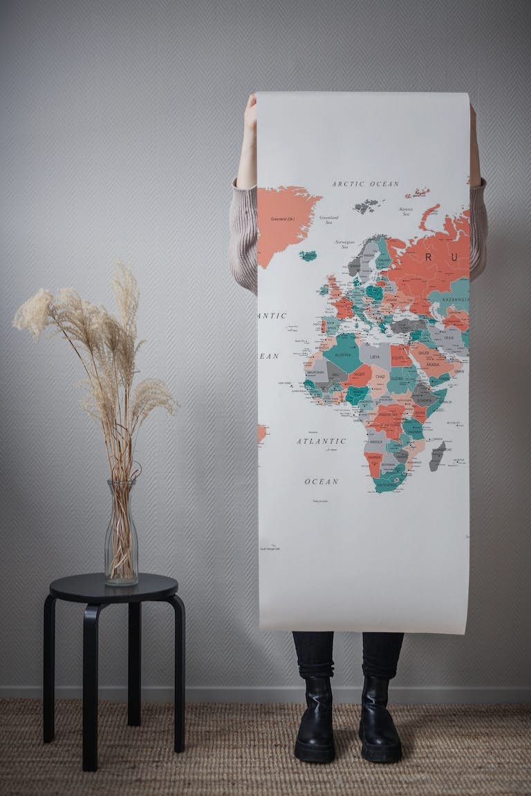 World Map Teal Coral Gray behang roll