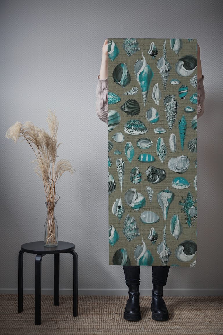Nautilus turquoise olive grey wallpaper roll