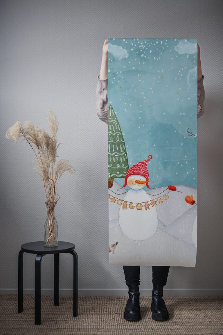 Snowman having fun wallpaper roll