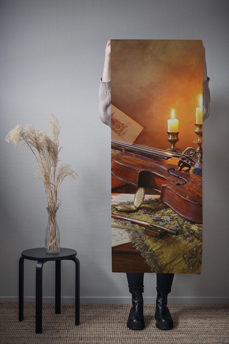 Still life with violin and candles behang roll