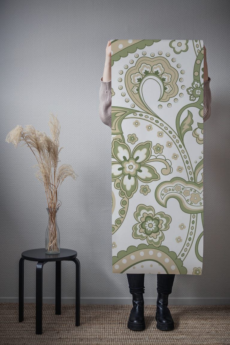 Paisley white beige green L tapety roll