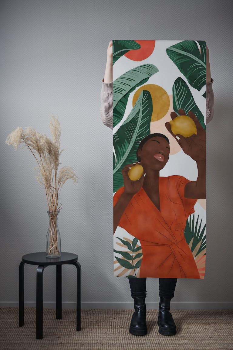 Woman with lemons wallpaper roll