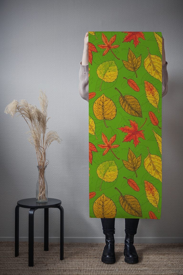 Autumn leaves on green behang roll