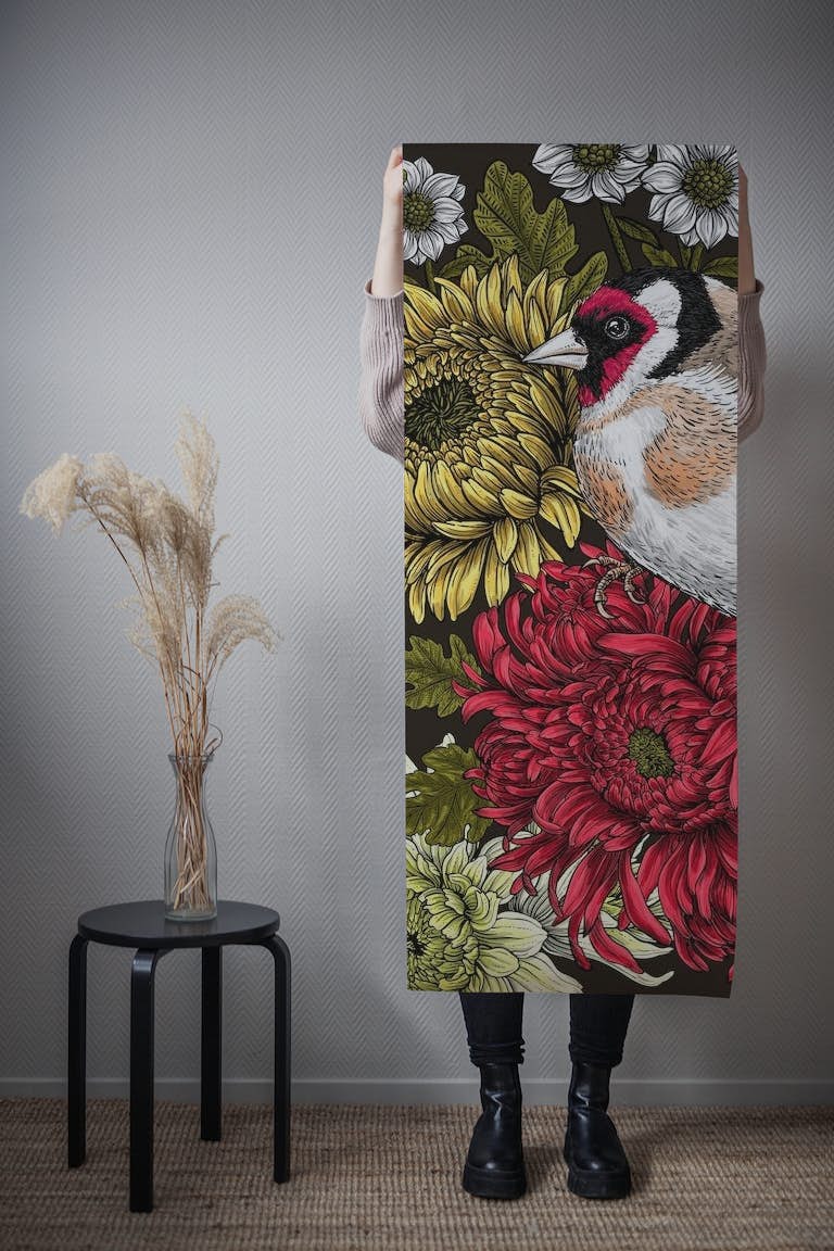 Goldfinch and chrysanthemums wallpaper roll