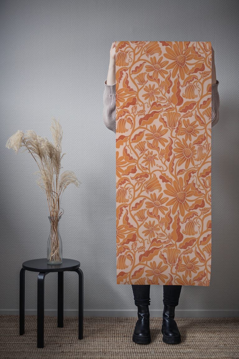 Monochrome Florals Orange tapetit roll