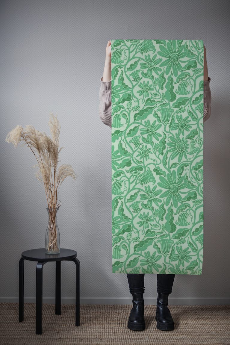 Monochrome Florals Green tapetit roll