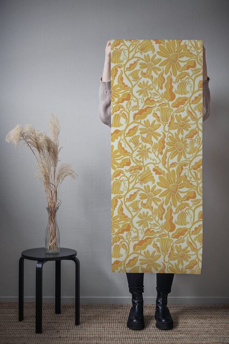 Monochrome Florals Yellow tapet roll