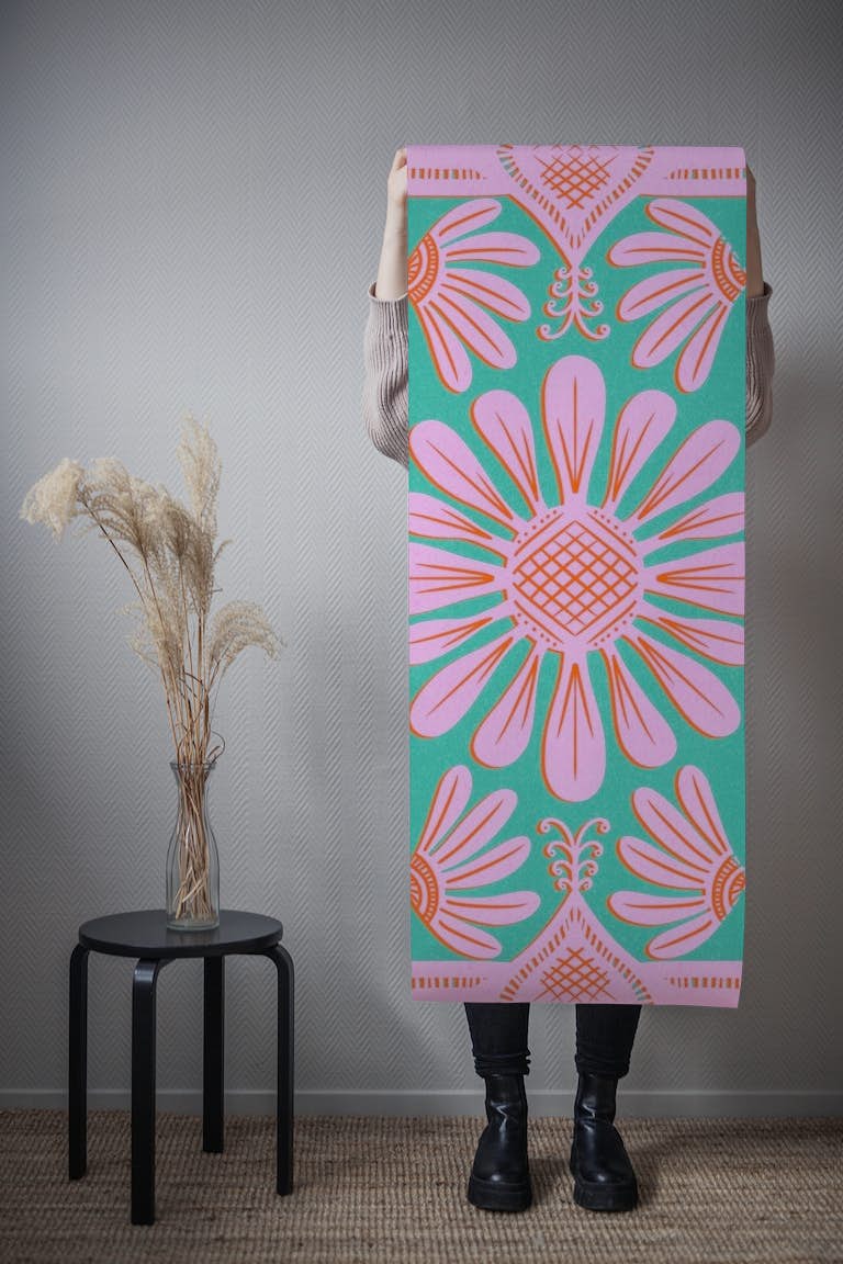Boho Florals Pink Green Square behang roll