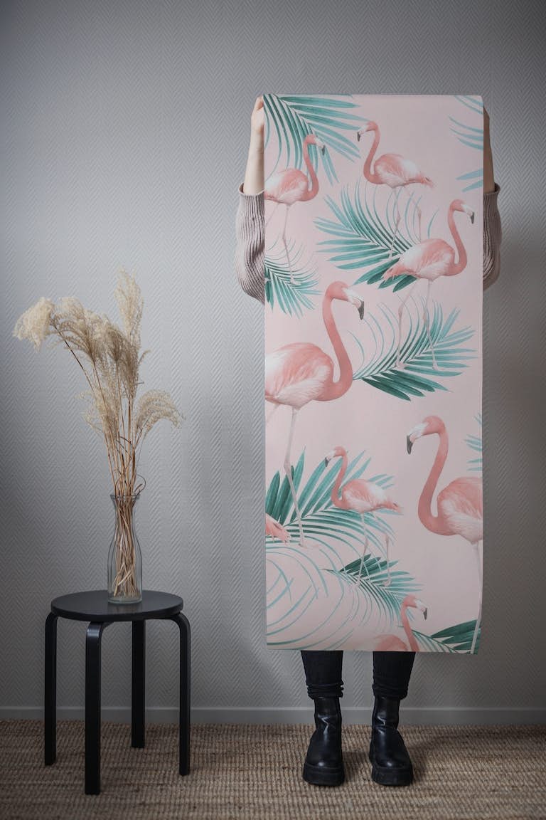 Blush Flamingo Palm Vibes 1 papel de parede roll