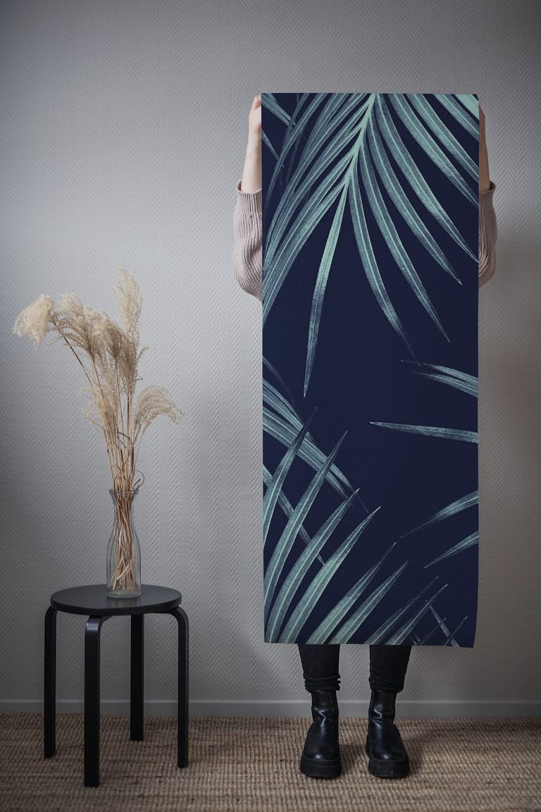 Navy Blue Palm Leaves Dream 1 wallpaper roll