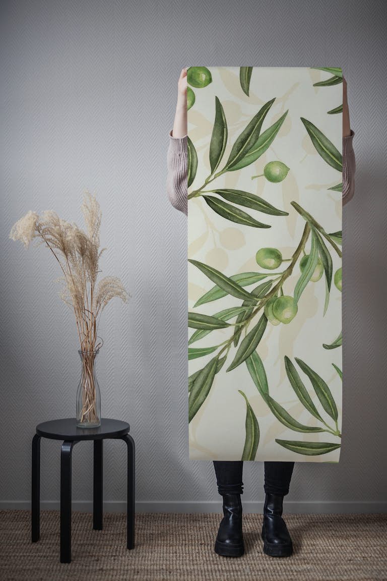 Olive branches watercolor on off white wallpaper roll