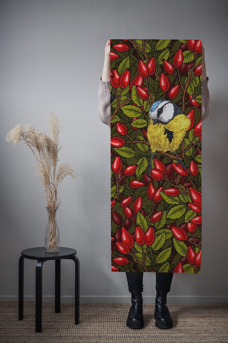 Birds and dog rose hips papiers peint roll