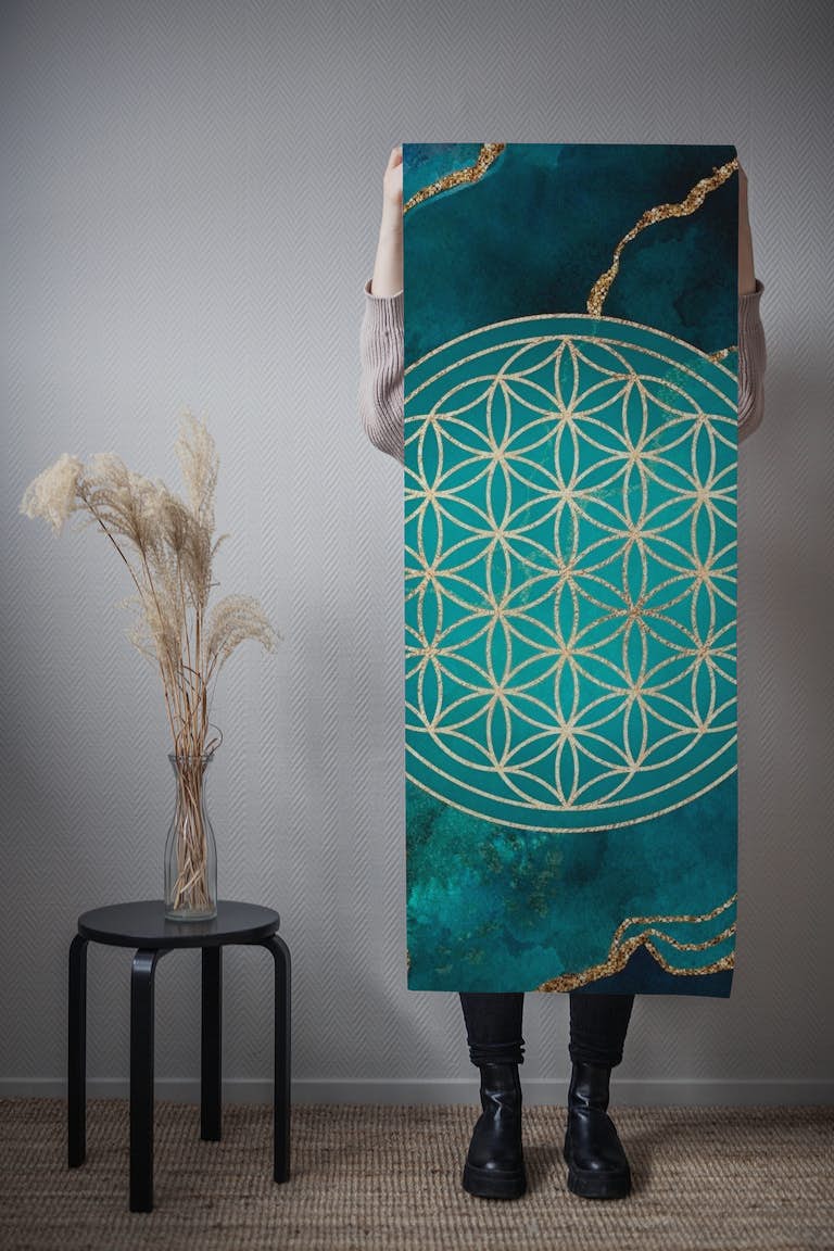 Flower Of Life Teal Marble behang roll