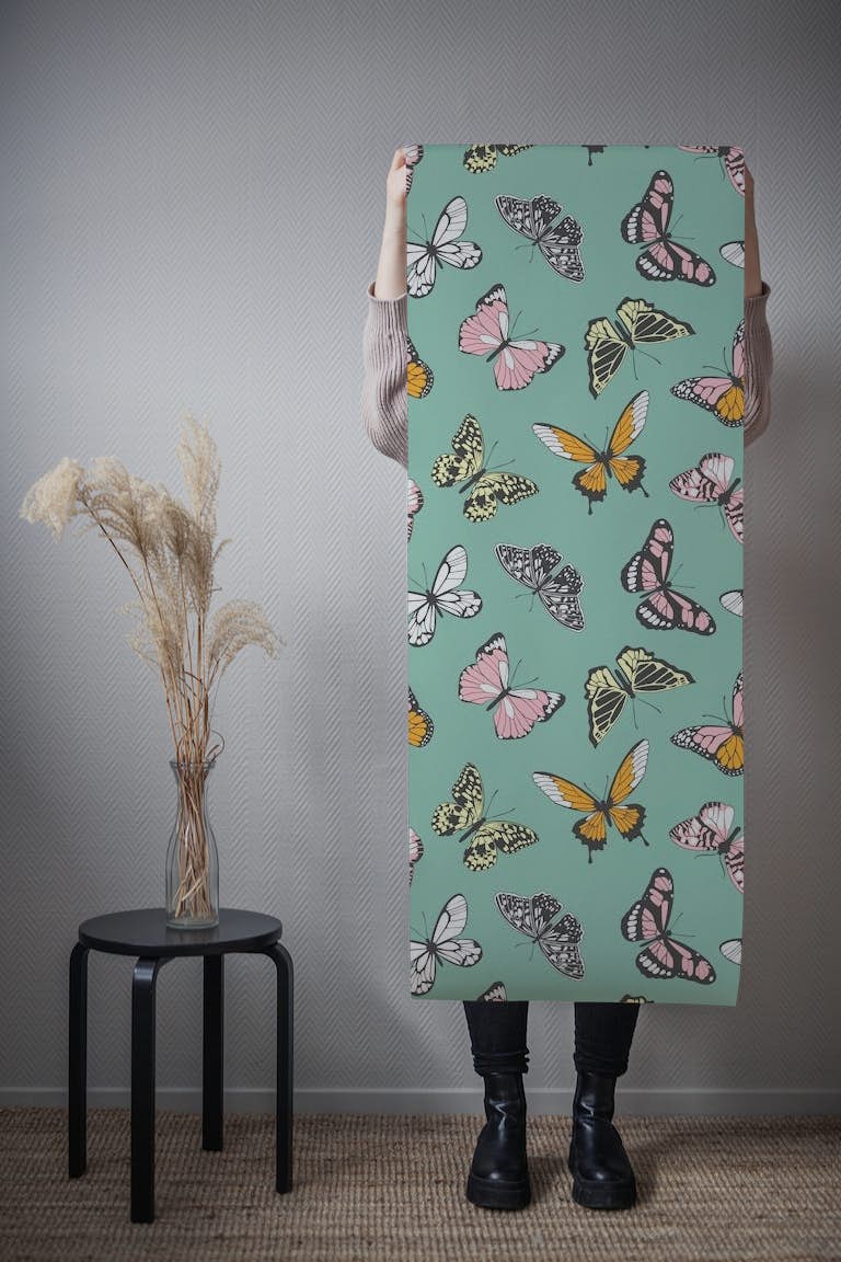 Spring Butterflies on Teal tapet roll