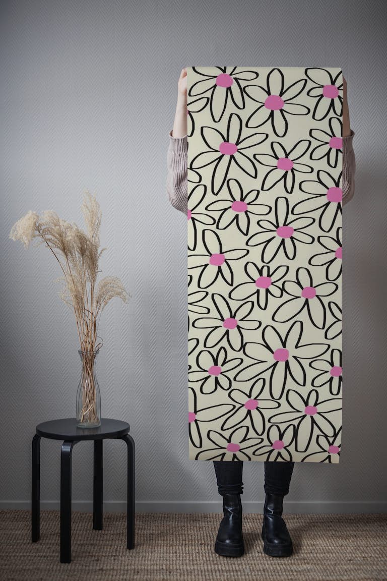 Joyful Flower Lines - bw pink wallpaper roll