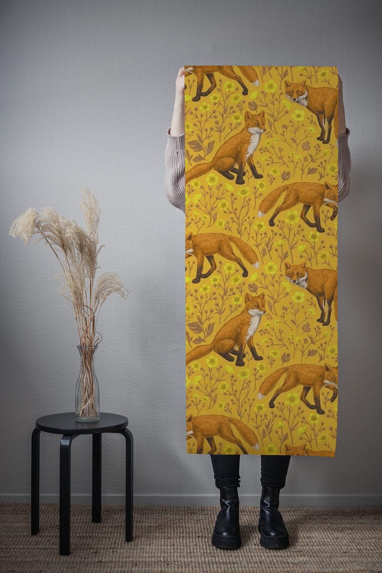 Foxes and buttercups on orange tapeta roll