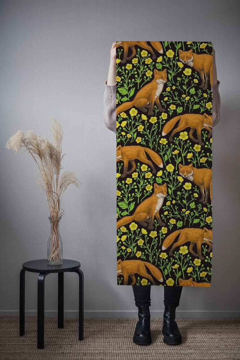 Foxes and buttercups on black papel de parede roll