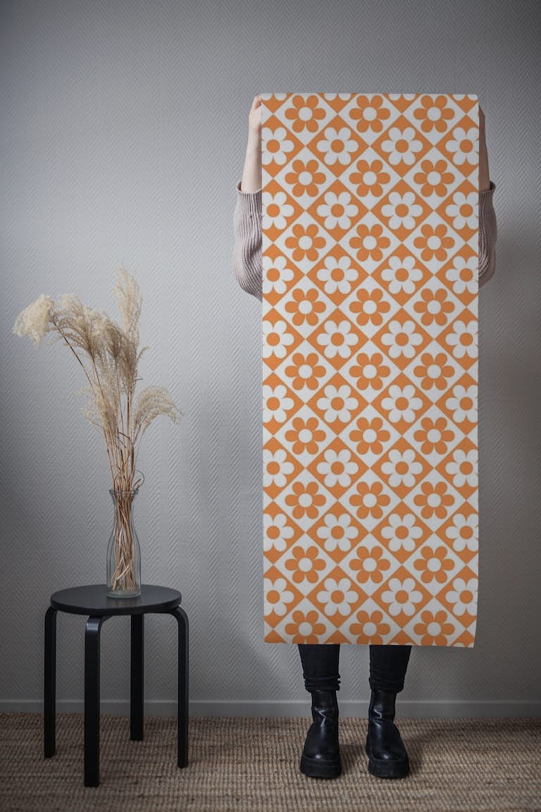 Floral Check - orange behang roll