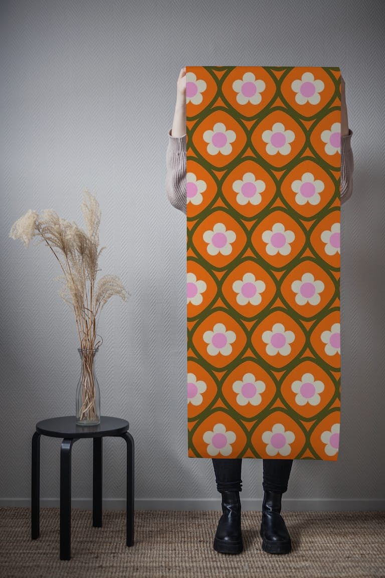 Boho Floral Pattern in Orange papel pintado roll