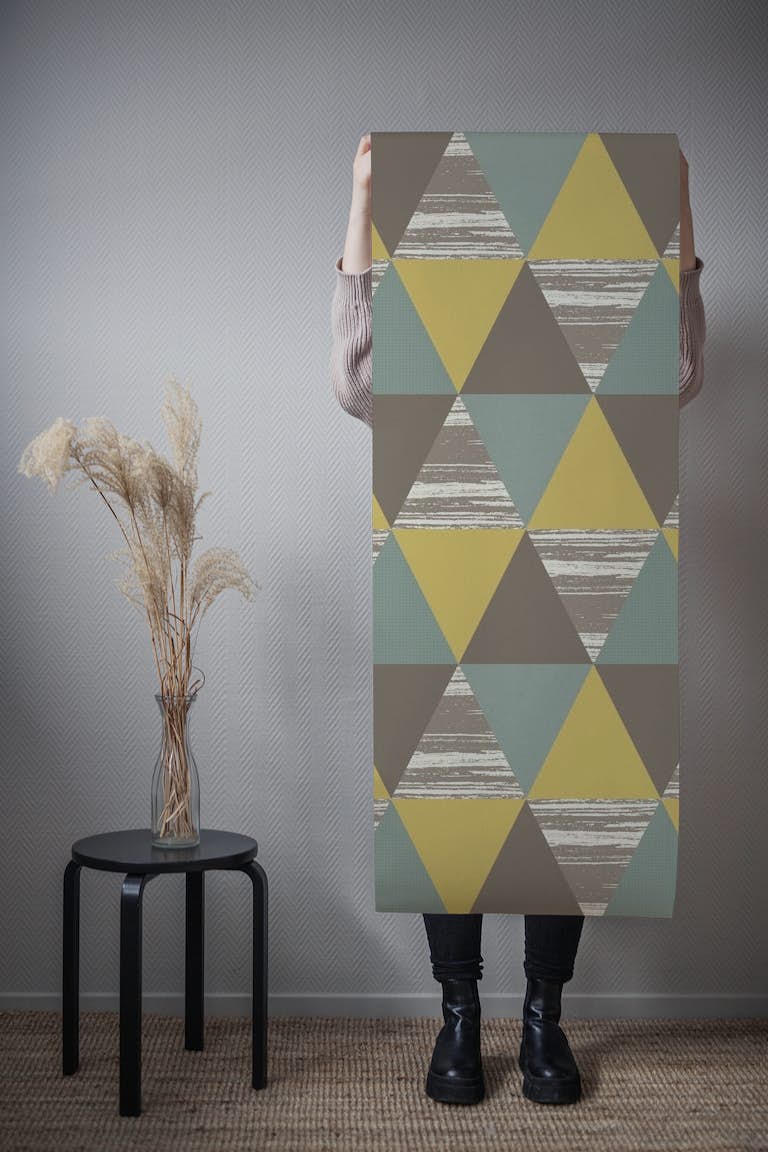 Triangles Teal Grey Mustard wallpaper roll