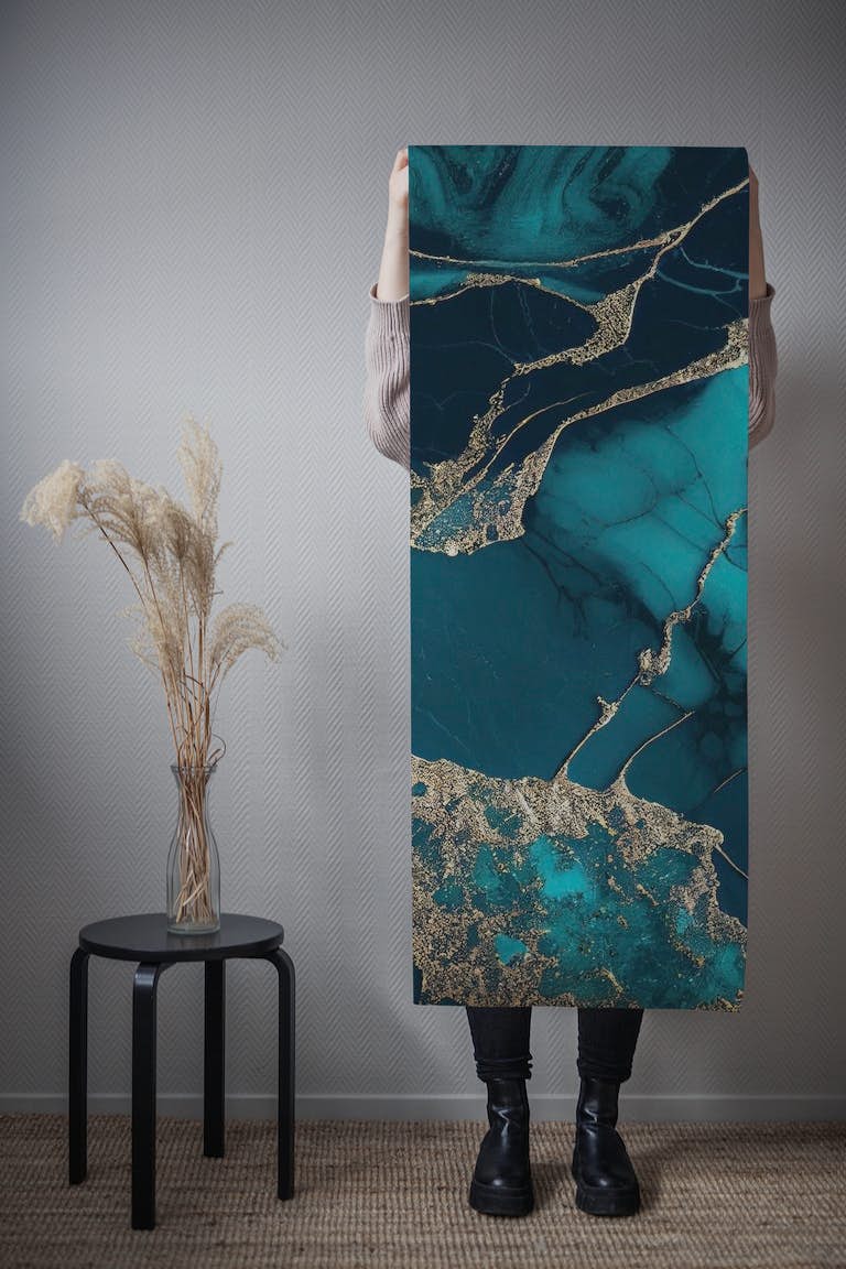 Fancy Faux Marble Teal Gold papel pintado roll