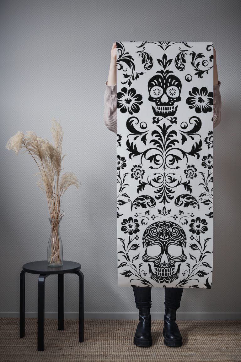 Mystical Macabre Damask Black And White papel pintado roll