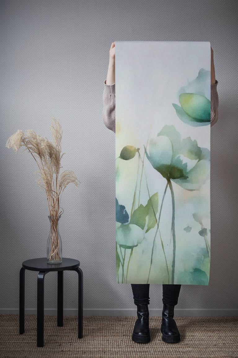 Ethereal Meadow Watercolor Flowers Blue Green tapetit roll