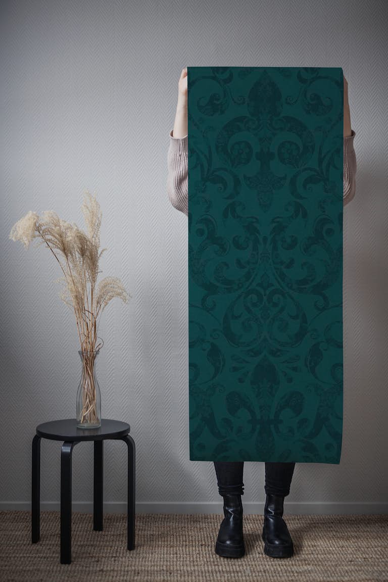 Fleur de Lis Damask Vintage French Elegance Dark Moody Turquoise tapetit roll