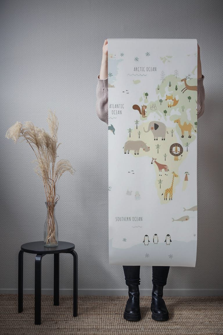 Colored World map with animals behang roll