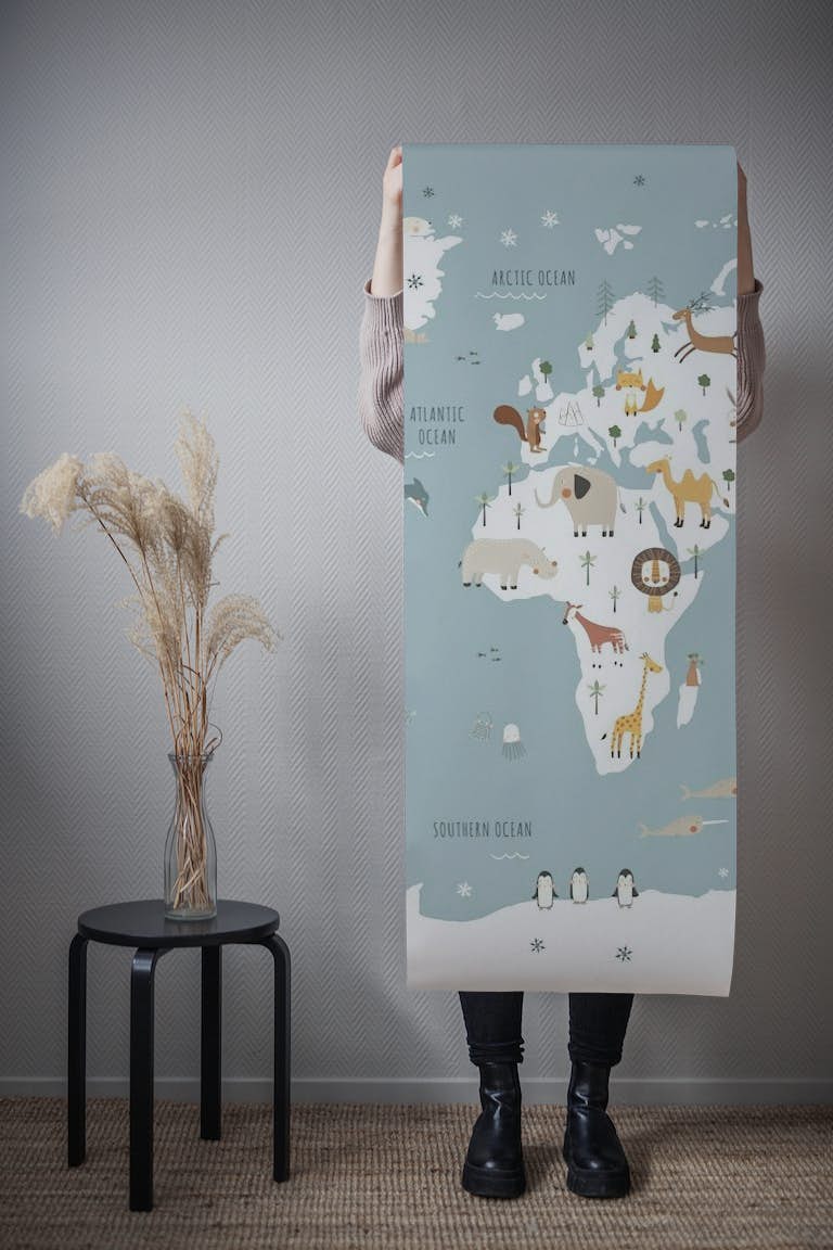 Map with animals mural blue tapeta roll