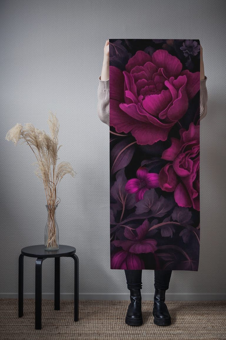 Velveteen Dark Moody Flowers Fuchsia Pink wallpaper roll