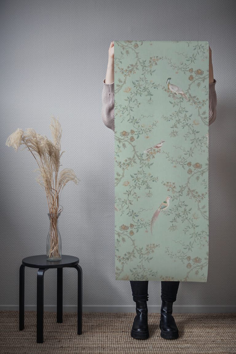 CHINOISERIES BIRDS AND TREES TEAL tapete roll