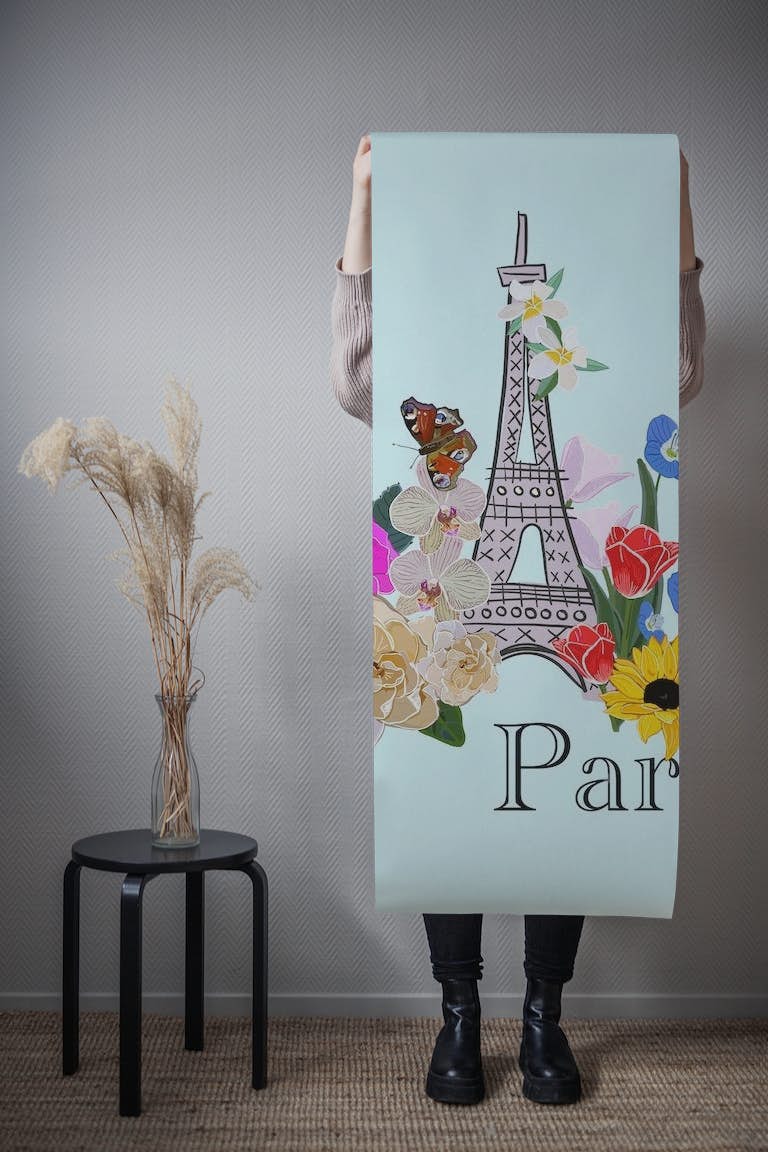 Paris illustration with flowers papel pintado roll