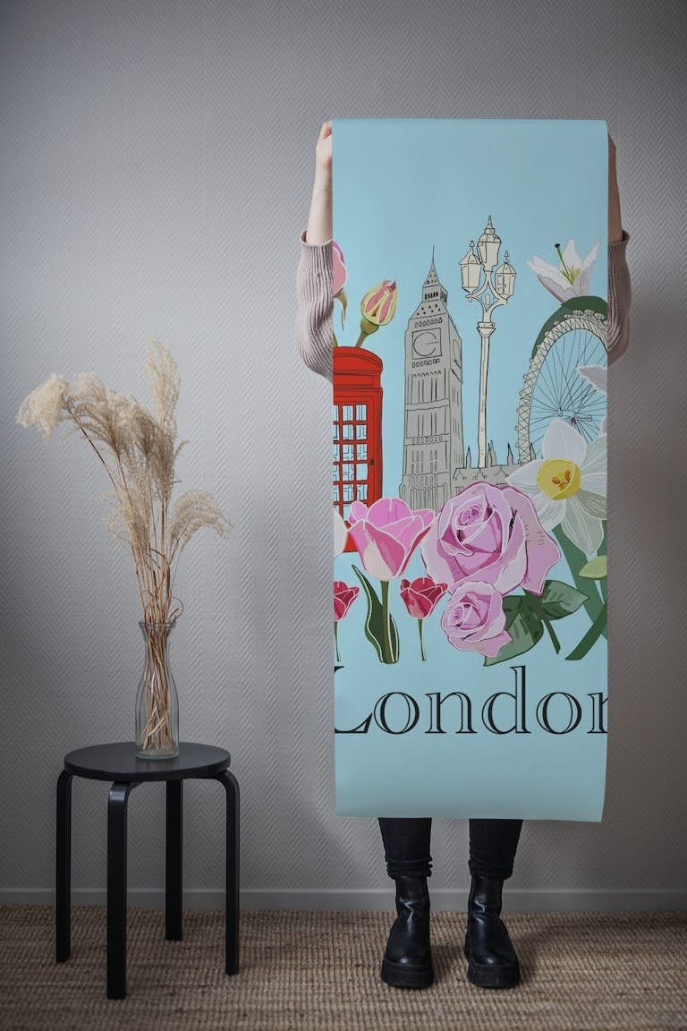London illustration with flowers ταπετσαρία roll