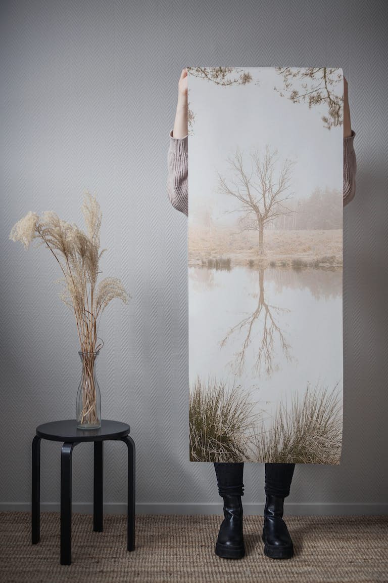 Misty trees around a lake papiers peint roll