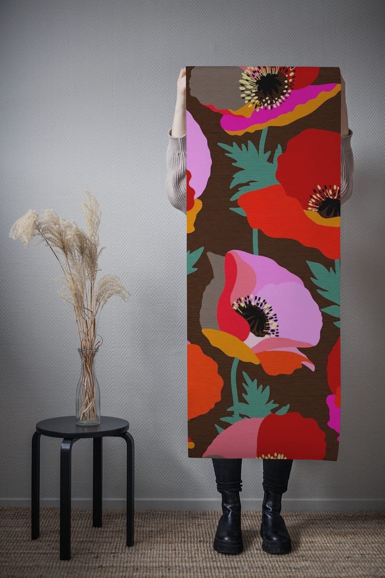 HAPPY POPPIES ON TEAL AND BROWN wallpaper roll