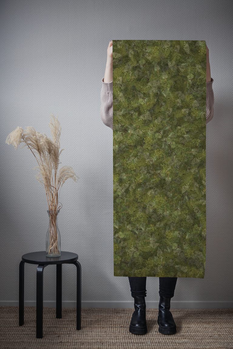 Embroidery ferns bracken deep green, forest, nature, green wallpaper roll
