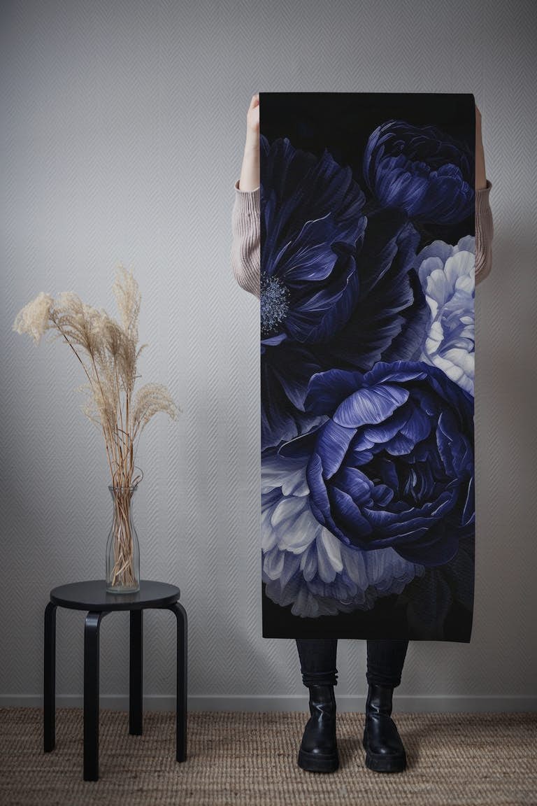 Blue Baroque Opulent Moody Floral Midnight Vintage Peonies And Roses carta da parati roll