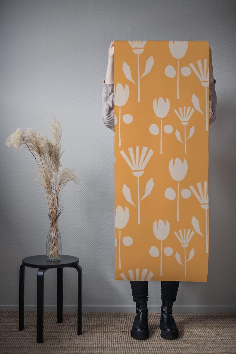 Woodcut Blooms on Orange tapetit roll
