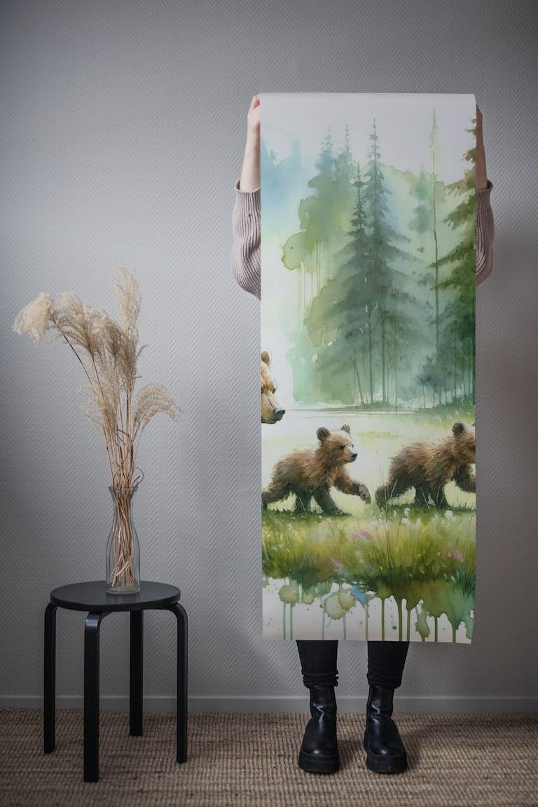 Watercolor Bear Family In The Forest wallpaper roll
