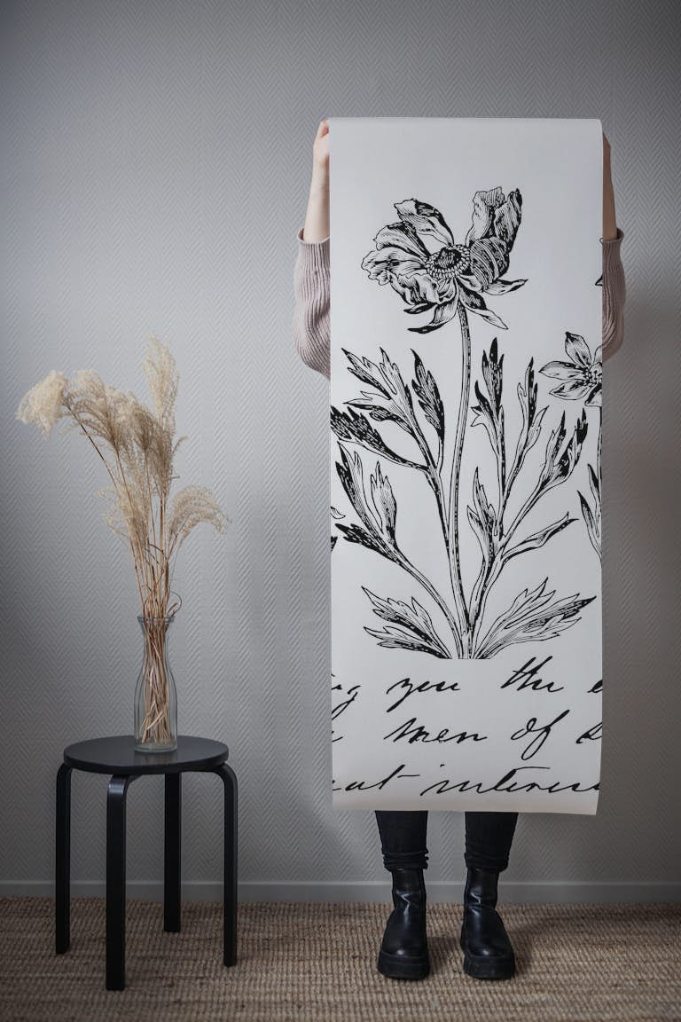 Historic Flower Drawing Script Black White behang roll