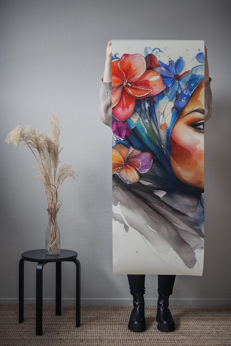 Watercolor Floral Muslim Arabian Woman #2 wallpaper roll